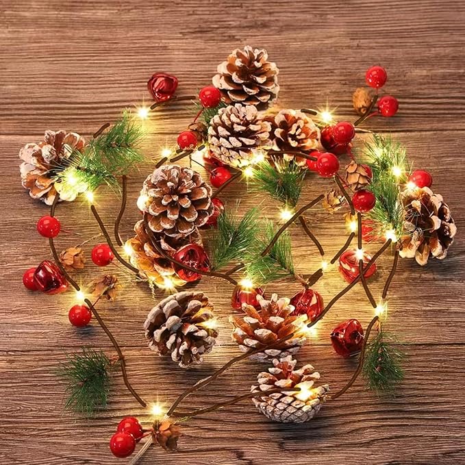 TW SHINE 2 Pack Christmas Pine Cone String Lights, 13 FT 40 LED Total Prelit Battery Operated Garland with Red Berry for Indoor Outdoor Xmas Fireplace Decorations