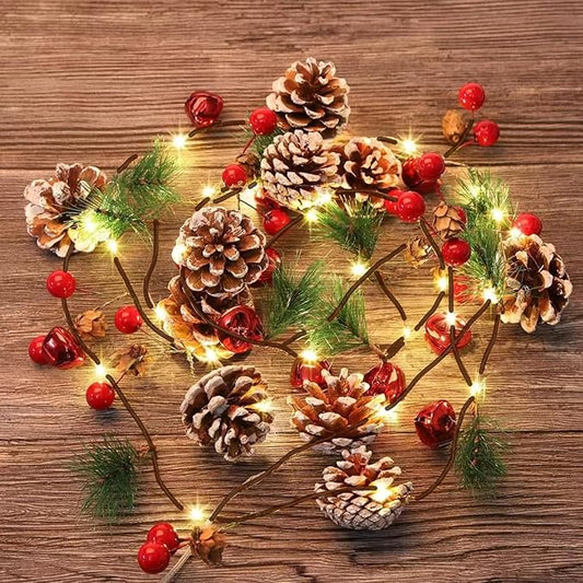 TW SHINE 2 Pack Christmas Pine Cone String Lights, 13 FT 40 LED Total Prelit Battery Operated Garland with Red Berry for Indoor Outdoor Xmas Fireplace Decorations