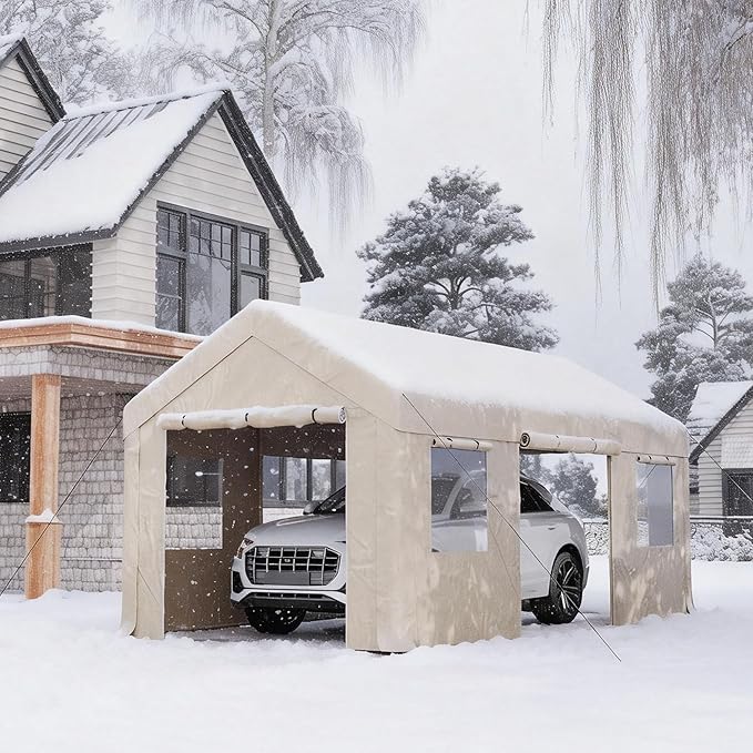 10x20ft Heavy Duty Carport, Reinforced Frame, Weatherproof Canopy with Roll-up Ventilated Windows & Sidewalls, Easy Assembly Portable Car Shelter for Garage/Storage/Party