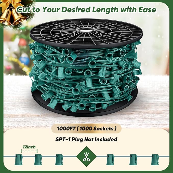 BesLowe Commercial 1000 FT C9 Cut to Length Christmas Lights Outdoor，E17 Sockets C9 Stringer Light Spool, Sockets Patio String Light Strands, 12 Spacing Green Wire Christmas Lights