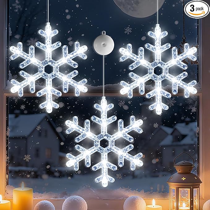 3Pack Christmas Window Lights Decorations with Timer,Battery Powered White Lighted Snowflake Shaped LED String Sucker for Xmas 2026 Hanging Fireplace Window Indoor Decor