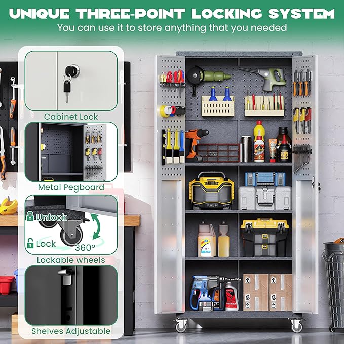 Garage Metal Storage Cabinet,71 Rolling Tool Cabinet with Pegboard and 3 Adjustable Shelves,Heavy-Duty Shelving Unit with Lockable Doors for Garage,Workshop,Home & Office Organization