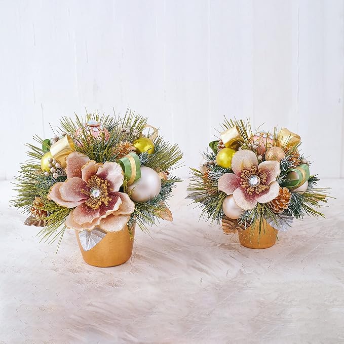 Holiday Tree Christmas Centerpiece - Blush Magnolia Arrangement with Pot Handcrafted - Jeweled Glittery Magnolia, Golden Pinecone, Ribbon, and Greenery Pine Needle (10")
