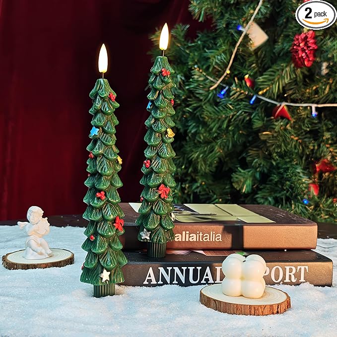 BOSONER Christmas Tree Candles Lights: 2 Pcs Flameless Taper Candle Lights Battery Operated with Remote and Timer - Christmas Decorations for Dining Table & Fireplace