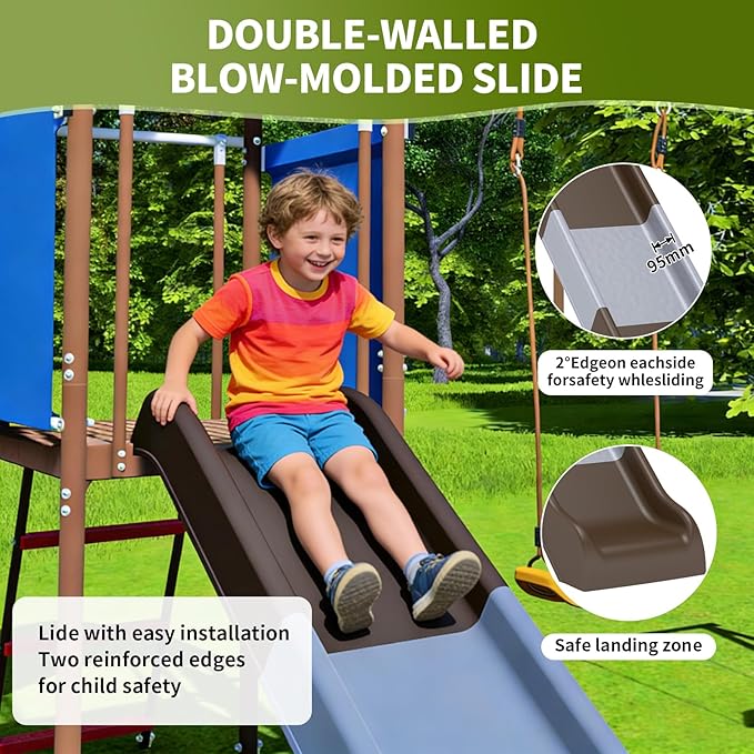 Beach Swing Set for Outdoor Playset with Slide, – Durable and Safe Outdoor Play Equipment with Swing Set and Belt Swings, Rock Climbing Ladder & Shaded Fort
