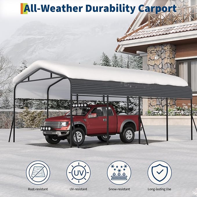 Metal Carport, 12x20 FT Outdoor Carport Canopy with Reinforced Base and Galvanized Steel Roof, Heavy Duty Garage Car Shelter Shade for SUV, Truck, Boats