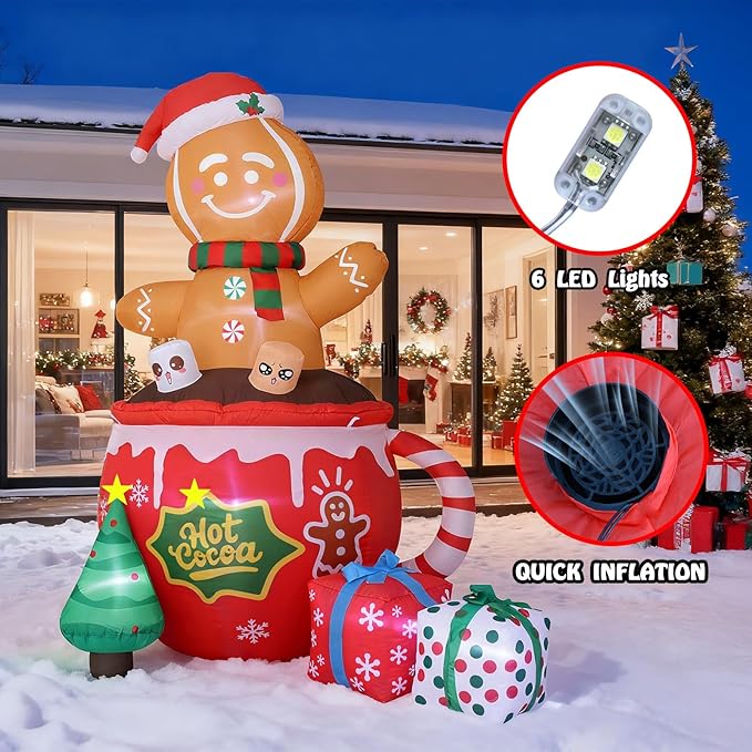 6FT Christmas Inflatables, Gingerbread Inflatables Outdoor Decorations, Cute Christmas Blow Up Decorations for Indoor Garden Lawn Party Decor