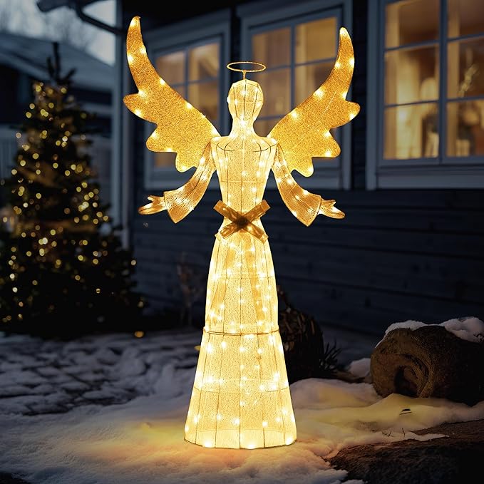 Yescom Holy 5.6ft Lighted Christmas Angel Outdoor Pre-lit 3D Crystal Angel Patio Garden Deck Party Decor Warm White