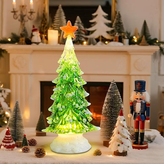 Small Christmas Tree Green Acrylic Tree with Timer 8 Inch Tabletop Christmas Tree with LED Lights Vintage Christmas Decoration Battery Operated Mini Green