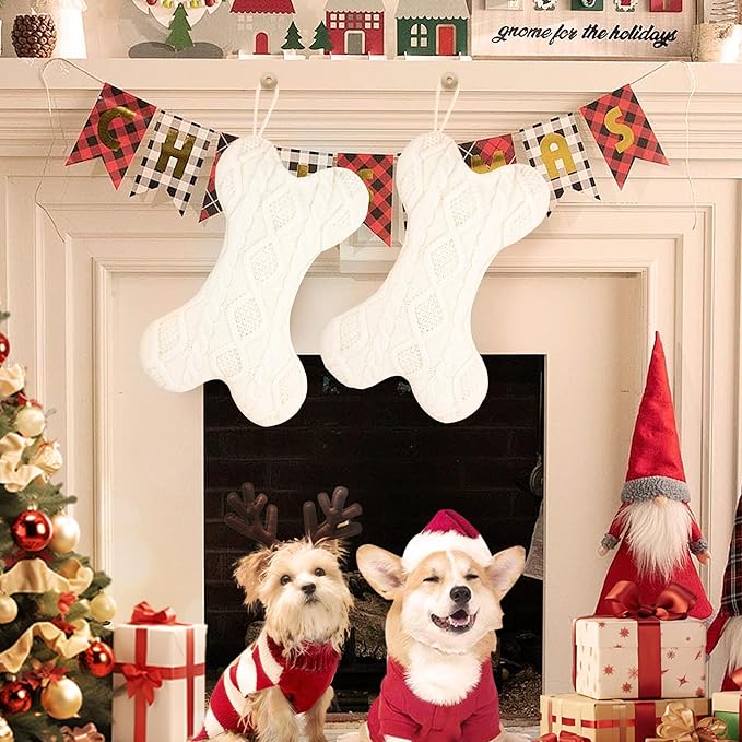 Dog Christmas Stocking, Knit White Christmas Stocking for Dogs, Bone Shape Dog Stocking Christmas Large Pet Stockings Hanging Dog Christmas Stocking for Christmas Decorations
