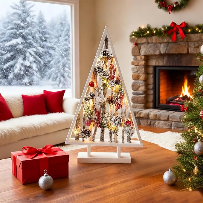 24“ Fikowo Modern Christmas Decor Wooden Christmas Tree Shaped Desktop Decorations Ornament Christmas Decor Modern Christmas Tabletop Decor Christma Tree Shelf Wooden Christmas Trees