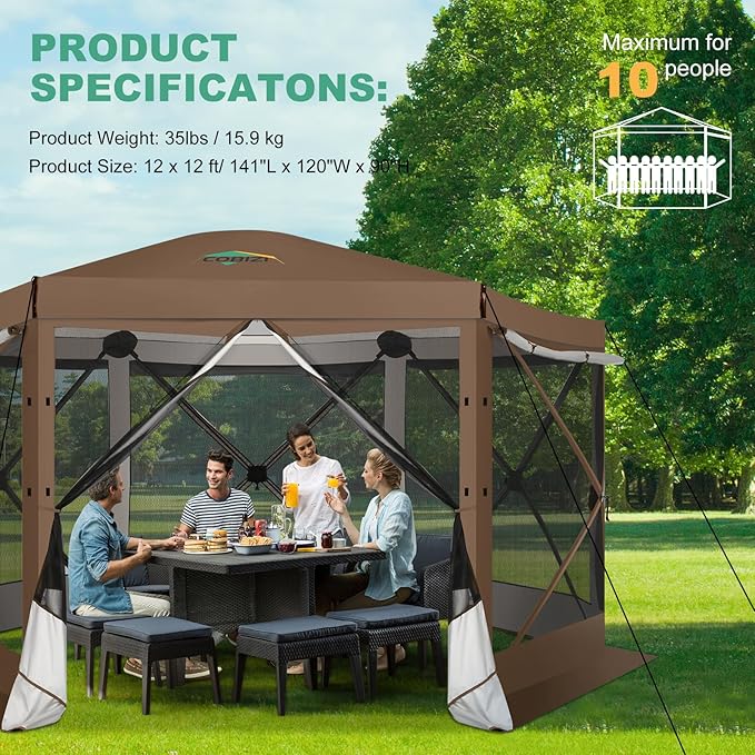 COBIZI 12x12 pop up Gazebo on Clearance Screen Tent for Camping,Scalable Sesign Outdoor Canopy Tent with Extension Support Poles & sidewalls,with Portable Carrying Bag and Ground Stakes,Brown