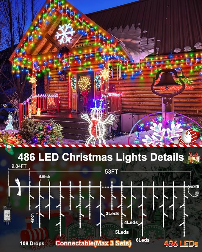 Christmas Lights Outdoor, 53 FT 486 LED String Lights for Outside, Timer & Memory, Plug in 8 Modes Hanging Fairy Lights with 108 Drops for House Eaves Holidays Decorations Multicolor to White