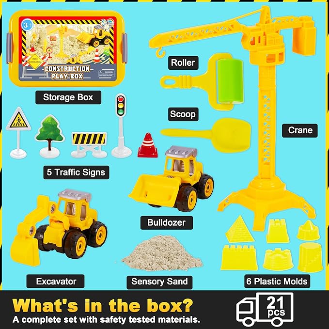 Construction Sensory Bin, Tractor Sand Playset Construction Sandbox with Toy Truck Play Sand and Signs, Sand Art Kit for Kids Ages 3 and up