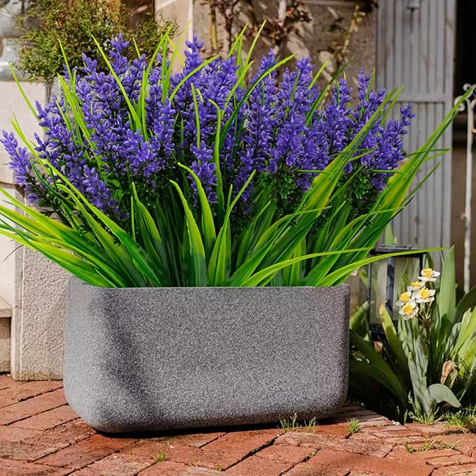 24 Bundles Artificial Plants Flowers Outdoor, Faux Lavender Flowers with Monkey Grass, UV Resistant Plastic Faux Plants for Indoor Outdoor Window Patio Hanging Planter Home Decor