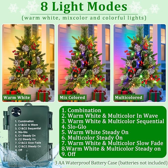 2 Pack Outdoor Christmas Tree Urn Fillers with 40 Warm & Colorful Change Lights, 8 Modes Timer, Pinecones Red Berries Decorations, Battery Operated for Holiday Planters Yard Porch Pathway Xmas Decor