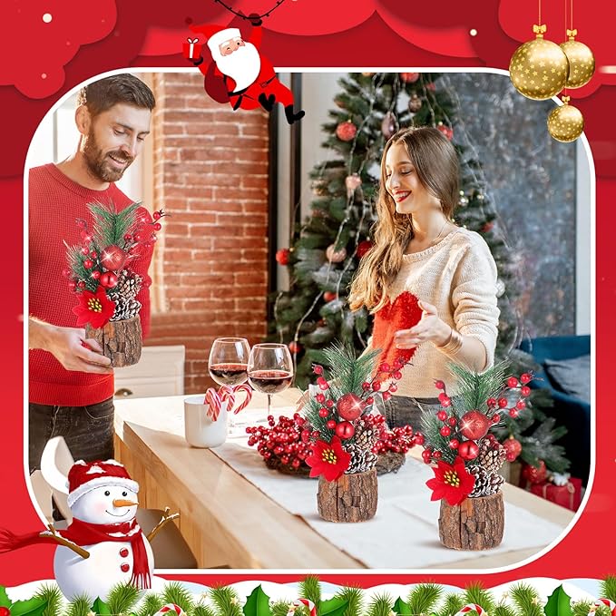 6 Pcs 11 Inch Christmas Tree Tabletop Artificial Mini Christmas Tree Decorations with Holiday Ornaments Pine Cone Berry Farmhouse for Fireplace Home Indoor Decor (Poinsettia)