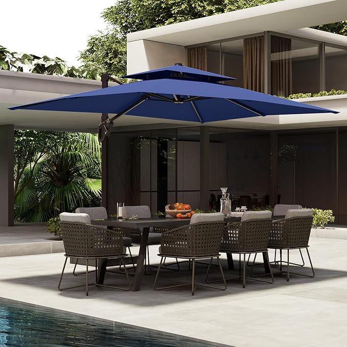 10' X 13' Patio Umbrella with Base Included Outdoor Large Rectangle Offset Cantilever Umbrellas Double Top Heavy Duty Windproof with 360-degree Rotation for Pool Garden Deck, Navy