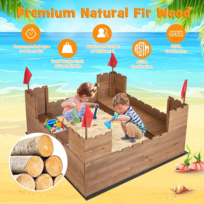 Costzon Kids Sandbox, Cedar Wood 45 x 45 Sand Pit w/Built-in Bench Seats, Storage Boxes, Flags & Protective Bottom Liner, Outdoor Sand Box for Kids Age 3+ for Backyard Garden Beach