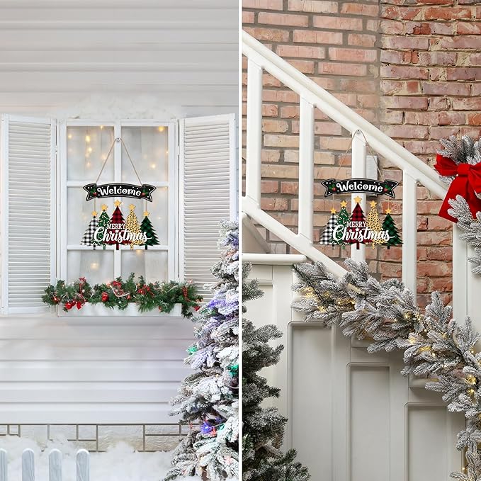 Merry Christmas Wreath Hanging Sign For Front Door, Wooden Welcome Sign With Christmas Tree For Festive Office Rustic Farmhouse Wall Window Decoration (Tree)