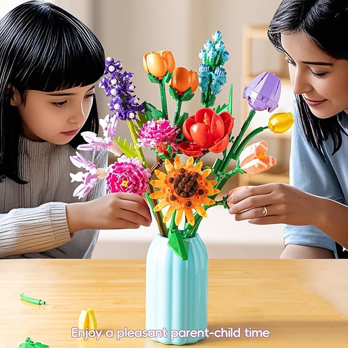 Sawaruita Flowers Bouquet Botanical Building Block Sets for Adult-9 Kind of Wildflowers Botanical Collection with Vase- Plants Toys for Kids Home Decor for Mothers Day,Valentines,Birthday Gifts