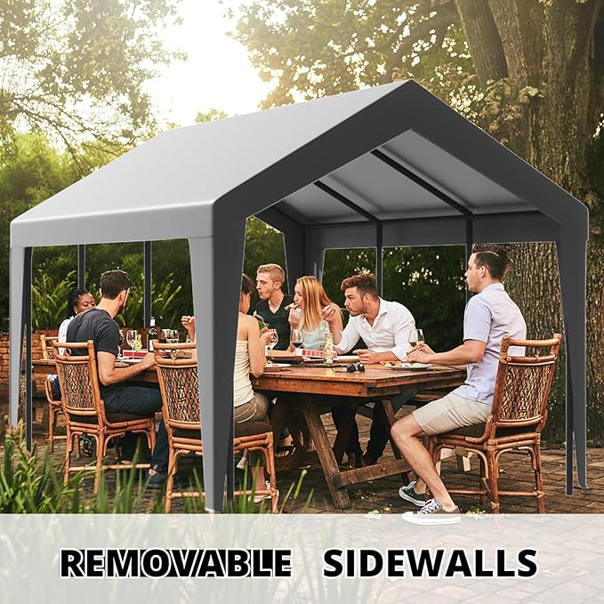 10x20 Carport, Heavy Duty Carports with Removable Sidewalls, Waterproof and UV-Resistant Portable Outdoor Garage Shelter for All Season (Gray)