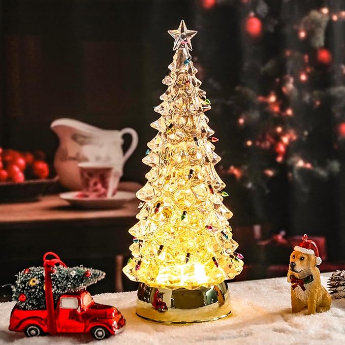 Small Christmas Tree White Acrylic Tree with LED Lights Small Bell 12 Inch Tabletop Christmas Tree Vintage Christmas Decoration Battery Operated