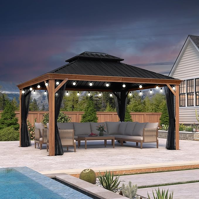PURPLE LEAF 12' X 14' Outdoor Hardtop Gazebo for Patio Galvanized Steel Double Roof Permanent Canopy Teak Finish Coated Aluminum Frame Pavilion Gazebo with Netting and String Lights