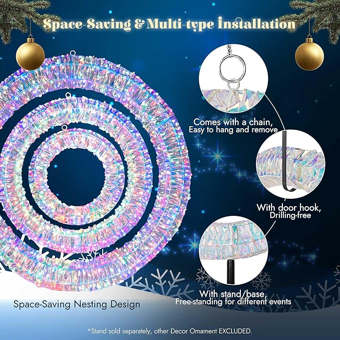 Yescom 3pcs Pre Lit 1700 LED Lighted Christmas Wreath Decoration 110V with Hooks No Drilling for Indoor Outdoor Event Festive Door Wall Decor Holiday Ornament, 2025 Xmas