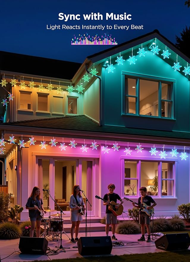 Brightown Smart Christmas Snowflake Lights, 36ft 288LED with 24 Drops Outdoor Icicle Lights with Music Sync & APP Control, Waterproof Connectable, 80+ Scene Modes for Roof, Yard, Window, Patio
