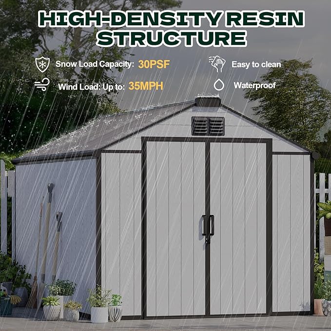 MELLCOM 8 x 12 FT Outdoor Resin Storage Shed with Floor, Garden Storage Shed with Windows and Lockable Door, Resin Tool Shed for Lawnmower, Bike, Pool Supply