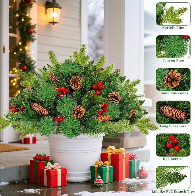 2 Pack 22" Christmas Tree Urn Fillers, Prelit 8 Mode Timer 40LED Lights with 3 Styles Branches Tripod Stake Pine Cones and Berry, Outdoor Christmas Trees Decor