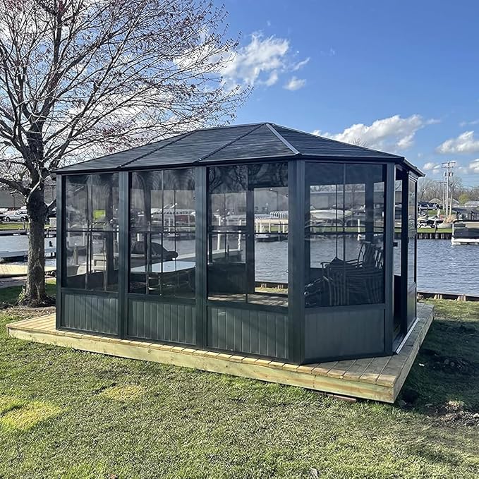 Domi 13 x 13 Sunroom Octagonal Solarium,Screen Houses for Outdoors Backyard with Lockable Sliding Door,Moveable PC Screen,Galvanized Steel Sloping Roof