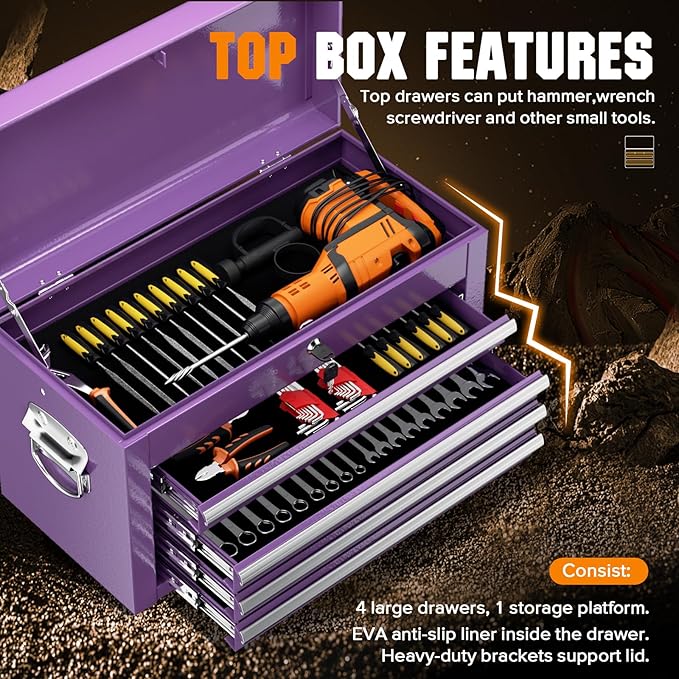 Crownland 5-Drawer Rolling Tool Chest with Wheels, Lockable 2 in 1 Detachable Tool Cabinet wit Drawers and Black Liners, Garage Top Toolbox & Bottom Storage Cart with Side Hooks(Purple)