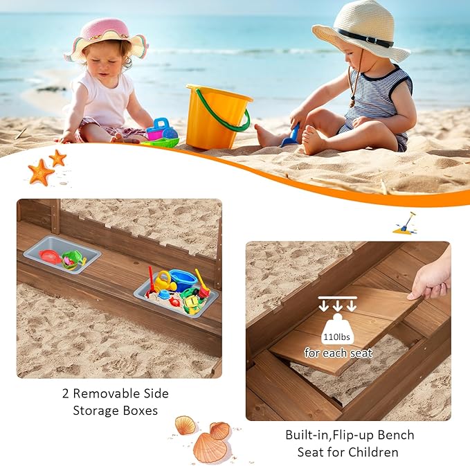 Costzon Kids Sandbox, Cedar Wood 45 x 45 Sand Pit w/Built-in Bench Seats, Storage Boxes, Flags & Protective Bottom Liner, Outdoor Sand Box for Kids Age 3+ for Backyard Garden Beach