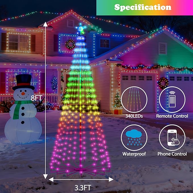 8FT Lighted Outdoor Christmas Tree, 340 LED Smart Cone Tree, Music Sync RGB Fairy Lights, LED Light Show, APP and Remote Control, Timer Function, Perfect for Outdoor Christmas Decorations