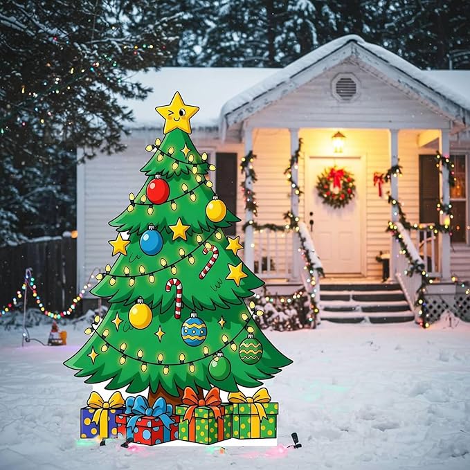 Christmas Tree Cardboard Cutouts, 4mm Corrugated Plastic Standee Decorations, Indoor Outdoor Xmas Yard & Party Décor, Photo Booth Prop, 4FT, Style 2