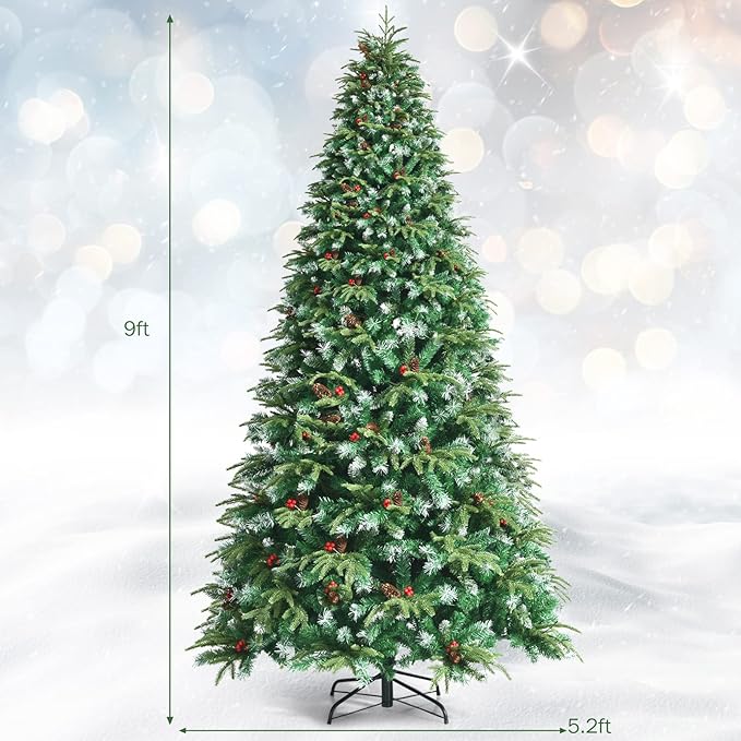 GOFLAME 9ft Pre-Lit Artificial Christmas Tree, Realistic Xmas Tree w/ 2599 Branch Tips, 780 Multi-Color LED Lights, 63 Pinecones & Red Berries, Pine Tree w/ 11 Flash Modes for Holiday Decoration