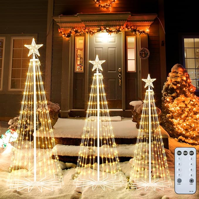 Outdoor Christmas Cone Tree Light with Remote, 3Set Outdoor Lightshow Christmas Tree with Star Topper, Dimmable Artificial Christmas Tree for Porch Yard Patio Indoor Christmas Decorations, Warm White