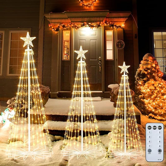 Outdoor Christmas Cone Tree Light with Remote, 3Set Outdoor Lightshow Christmas Tree with Star Topper, Dimmable Artificial Christmas Tree for Porch Yard Patio Indoor Christmas Decorations, Warm White