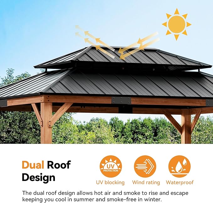 Modern Shade Rosewood Wood Gazebo 12' x 16', Cedar Framed Grill Gazebo with Double Galvanized Steel Roof, Permanent Hardtop Pavilion with Sturdy Hooks for Garden, Backyard, Patio, and Deck