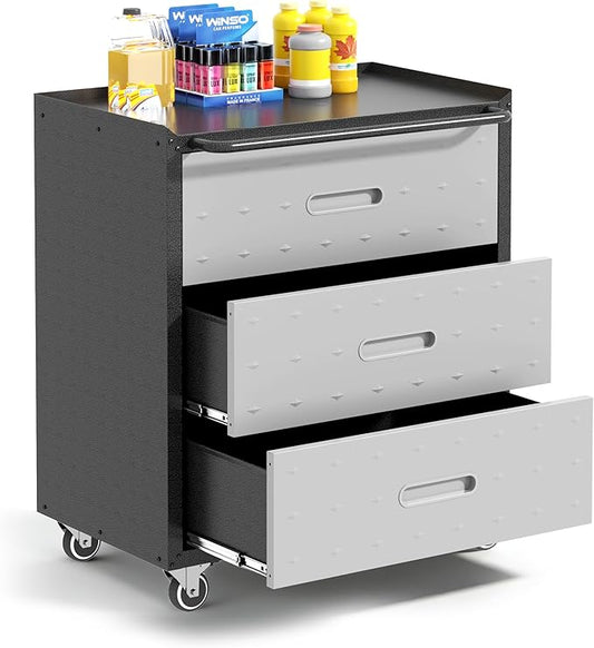 Garage Cabinets,Metal Garage Storage Cabinet with Wheels,Lockable Rolling Tool Cabinet with Drawer and Adjustable Shelves,Heavy Duty Tools Cabinet for Home Office Utility Room,Black/Grey