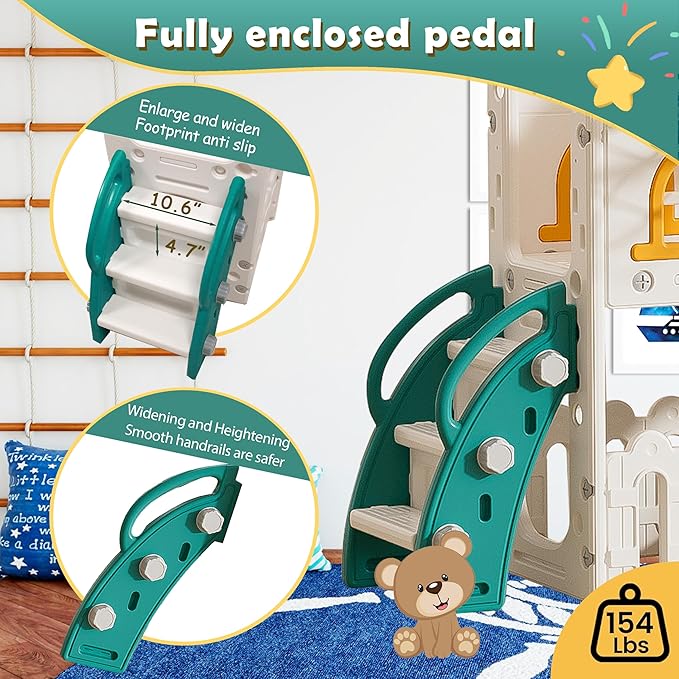 7 in 1 Toddler Slide,Kids Climber Slide with Storage Space and Non-Slip Steps, Toddler Playset with Basketball Hoopa and Telescope, Indoor Outdoor Playground for Toddlers