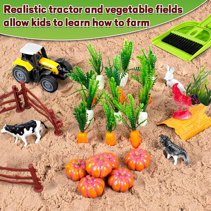 Bloolilies Sensory Bin, 59 Pcs Farm Sensory Sand Box Kits with Sandbox & Farm Animals & Tractor Playset, Play Sand Art Kit Magic Sand Toys for Boys Girls Toddlers Birthday Easter Valentines Gift