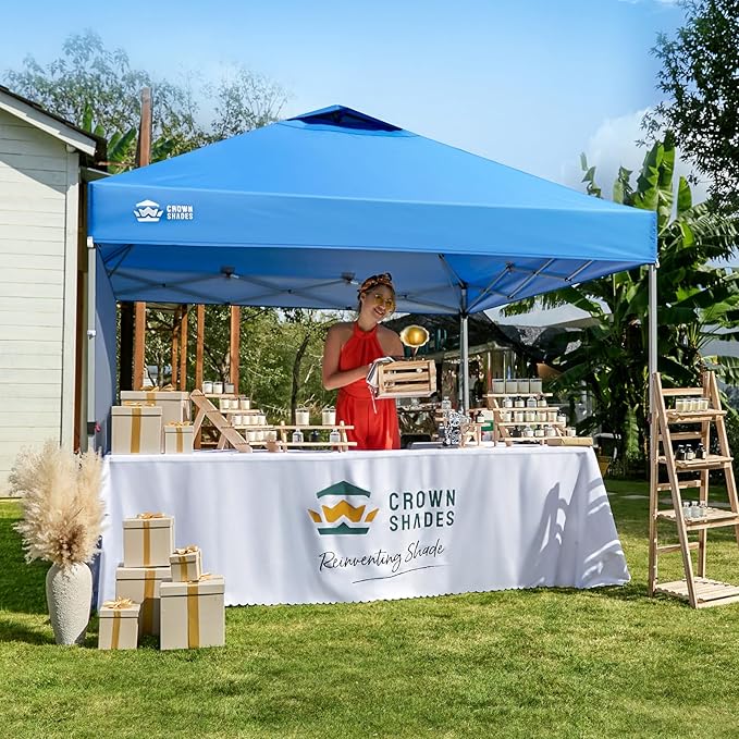 CROWN SHADES 10x10 Pop Up Canopy with 1 Side Wall - Beach Tent with One Push Setup - Outdoor Sun Shade for Events, Parties, Camping - Gazebo with STO-N-Go Cover Bag (Blue)