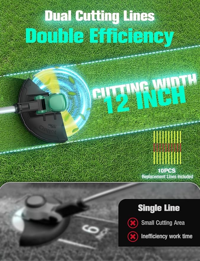 KIMO Cordless Weed Wacker Battery Operated w/ 2 x 2.0Ah Batteries, 2-in-1 String Trimmer & Edger with Charger & Wheels, 12 Dual-Sided Cutting Line, 10Pcs Cutting Lines, 20V Weed Trimmer for Lawn Yard