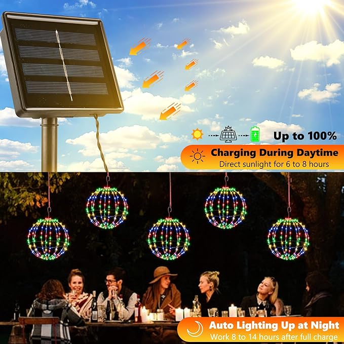 Joomer Christmas Solar Ball Lights, 13IN & 11IN Foldable Metal Sphere Lights Waterproof 8 Modes with Hook, Solar Powered Hanging Globe Light for Outdoor Christmas Decor (2 Pack, Multicolor)