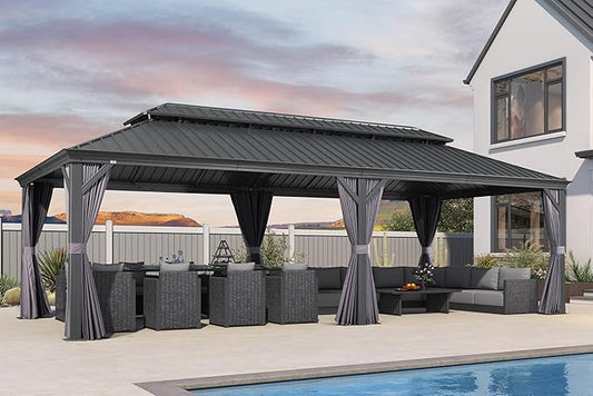 PURPLE LEAF 14' X 28' Outdoor Large Gazebo Permanent Hardtop Gazebo with Galvanized Steel Double Roof for Patio Lawn and Garden, Curtains and Netting Included Grey