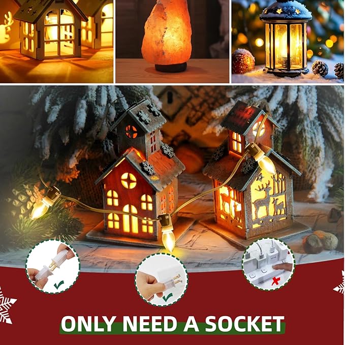 Christmas Village Lights with 4 LED Warm White Bulbs, C7 Light Cord for Christmas Village Houses, Pumpkin Crafts, Halloween & Holiday Decorations