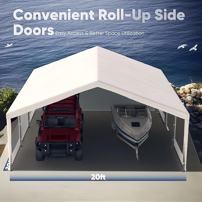 Quictent 20x20 ft Heavy Duty 2 Car Carports with Side Zipper Doors & Snowproof Steel Cables & Ventilated Windows, Waterproof Storage Shelter for Car, Boat, Outdoor Equipment, Gray